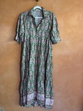 Natural Life Floral Boho Midi Dress Button Front Cottagecore Prairie
